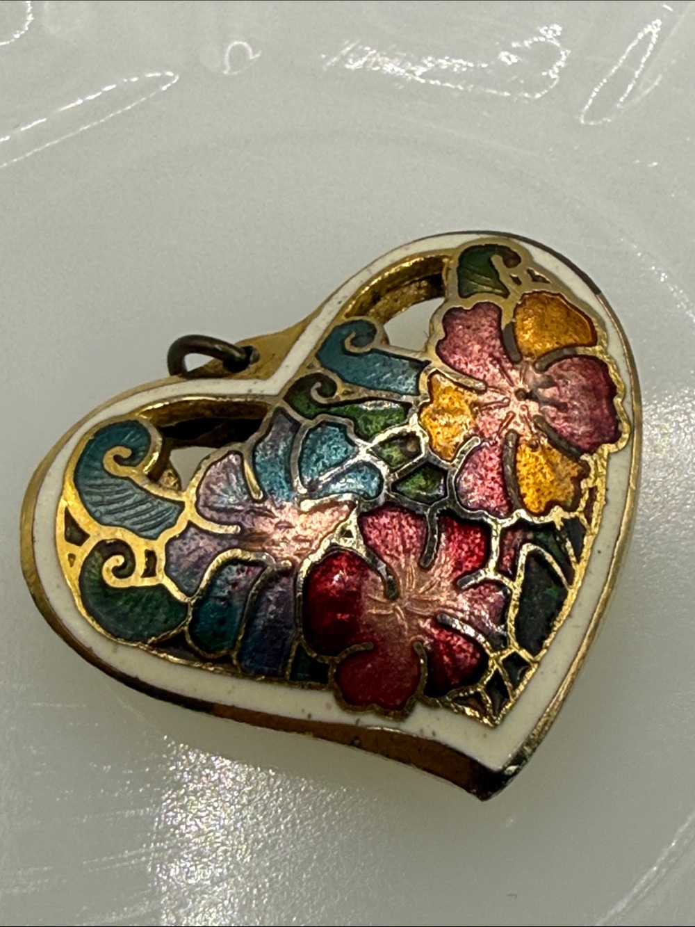 Vintage Enamel Cloisonné puffy dual sided Heart Floral Pendant - Multicolor